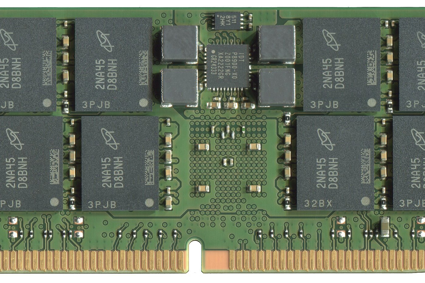 DDR5 RDIMM memory module, close-up of the on-module PMIC with four inductors between the DRAM chips